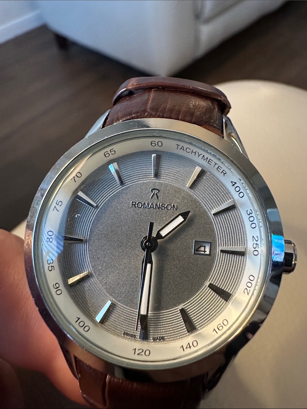Romanson Silver Dial Watch with Brown Leather Strap